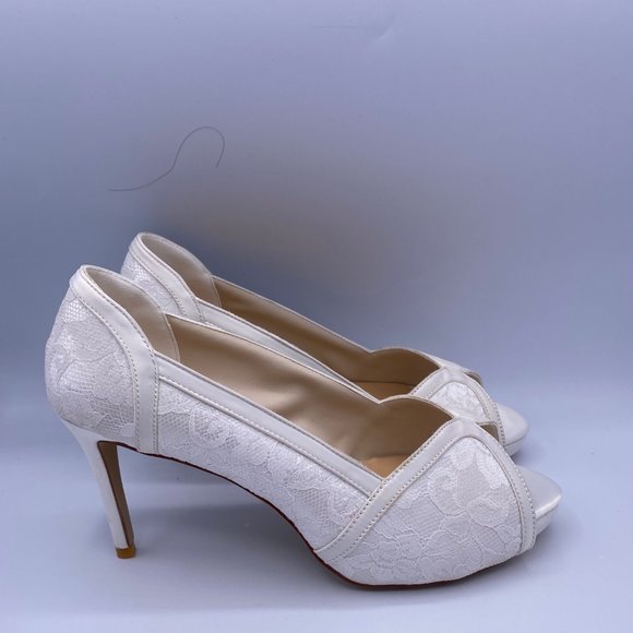 FSJ White Peep Toe Stilettos Heels Lace Wedding - Picture 2 of 9